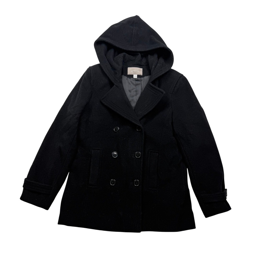 Croft & Barrow Wool Blend Black Hooded Peacoat Size Large Double Breasted